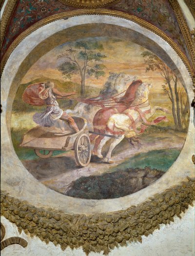 Scène die toont dat degenen die geboren zijn onder het teken Schorpioen in combinatie met het sterrenbeeld Centaur bedreven zullen zijn in het rijden met paarden, gesymboliseerd door een wagenmenner, uit de Camera dei Venti door Giulio Romano